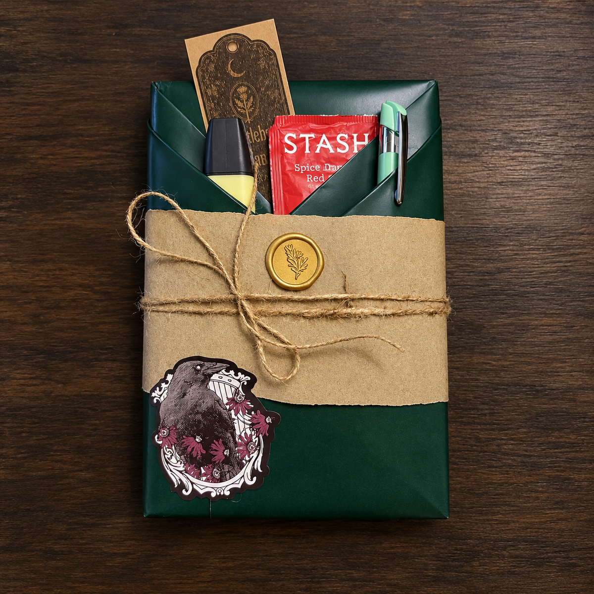 Wrapped Mystery Library hardback book with tea, fountain pen and with reading themed surprises from Thisltebane Manor