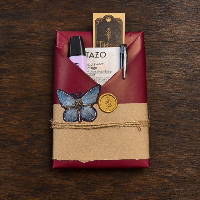 Wrapped Mystery Library Metaphysical or guide  with tea, fountain pen and reading- themed surprises from Thistlebane Manor