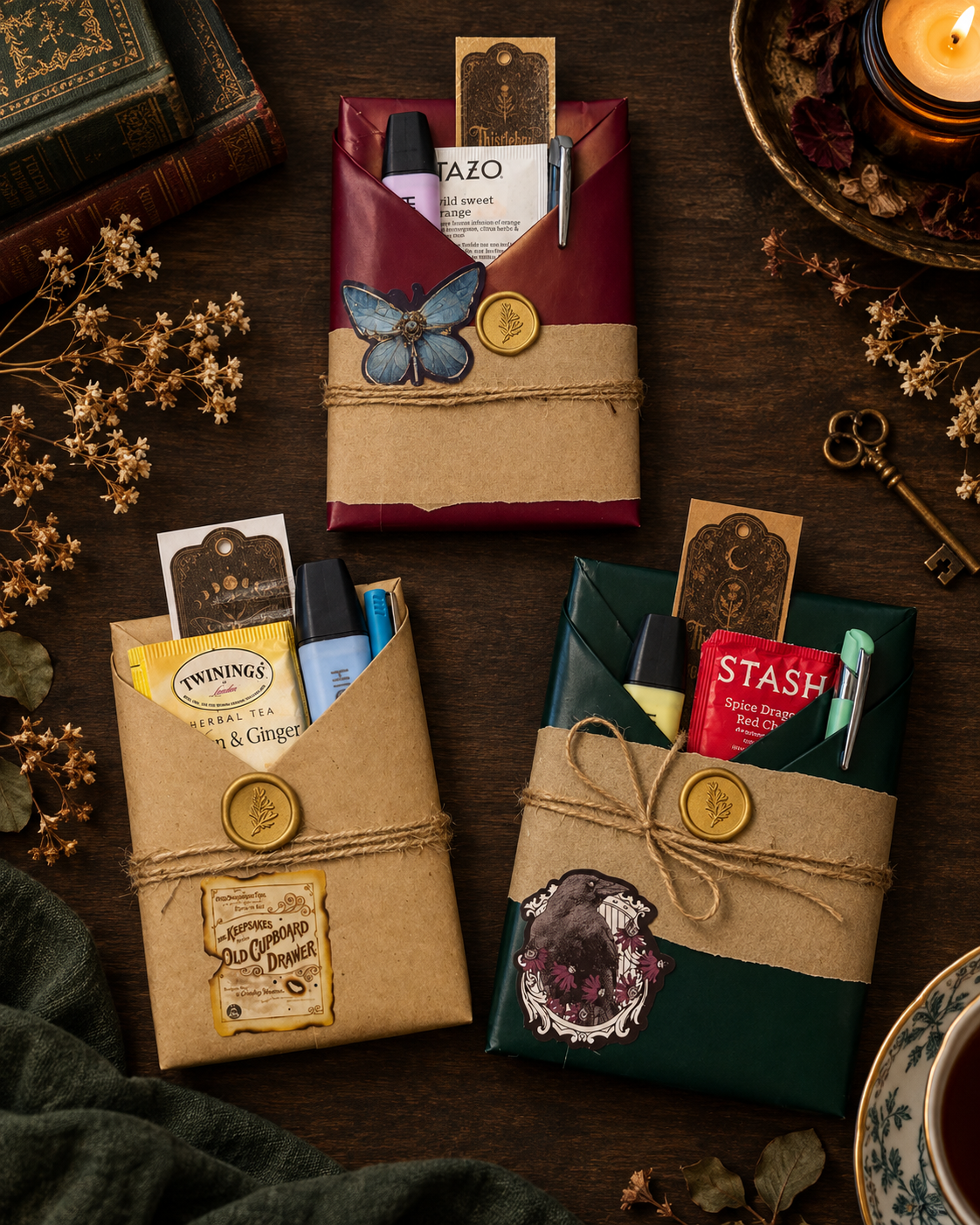 Three wrapped books with tea ,  Bookmarks and reading gifts from Thistlebane Mystery Library